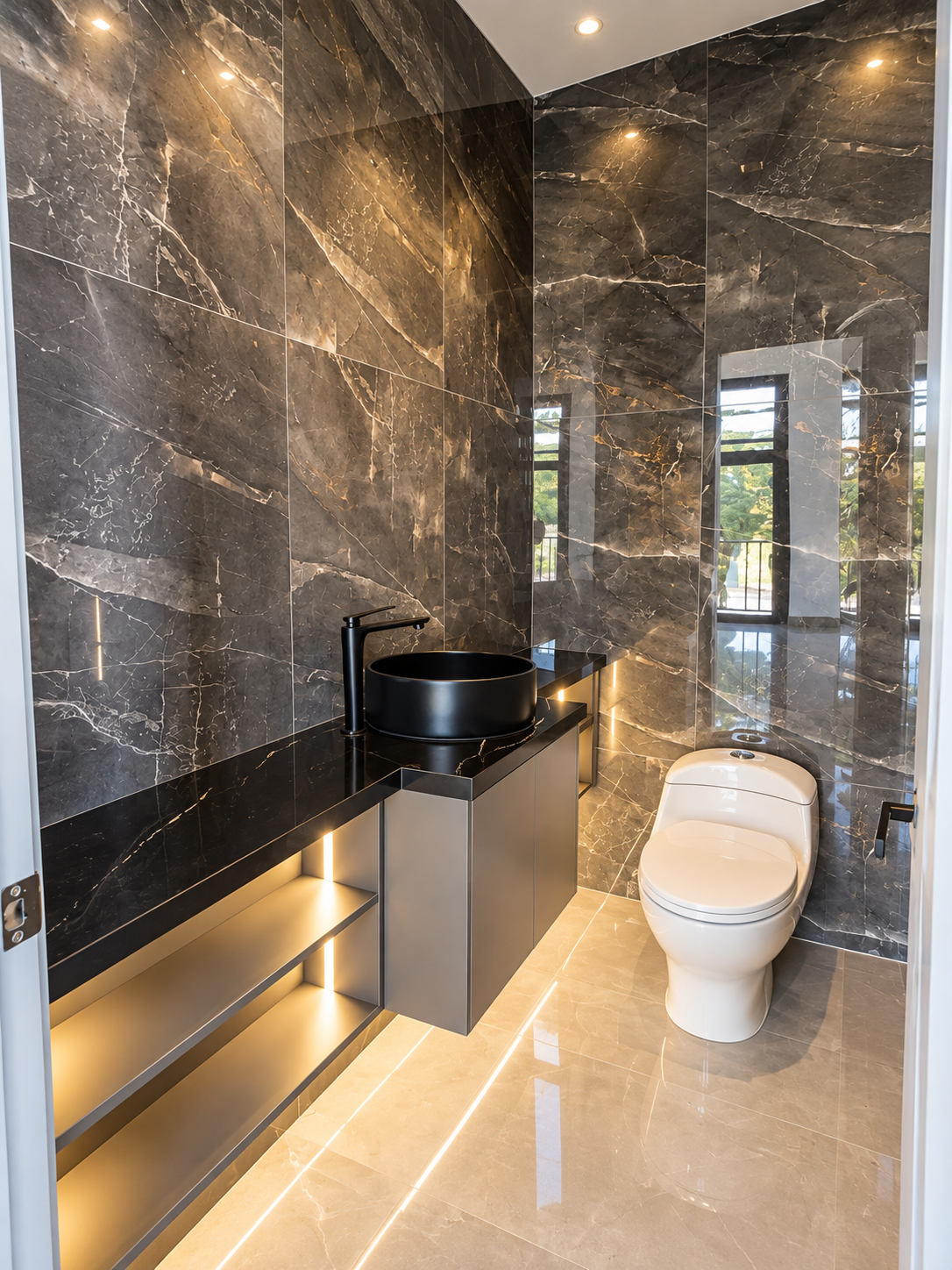 Baño social con acabados en mármol negro e iluminación LED